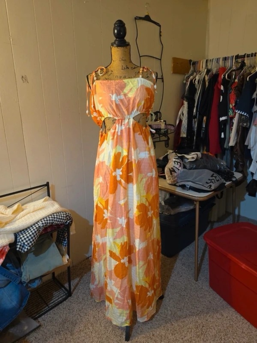 Women’s Orange Floral Maxi Dress - Sleeveless Summer Style